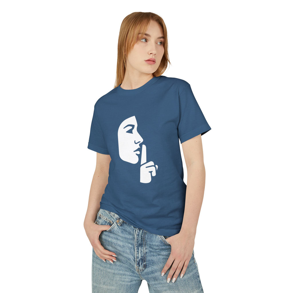 Shh Finger Over Lips Graphic Tee — Silent Face Minimalist T-Shirt