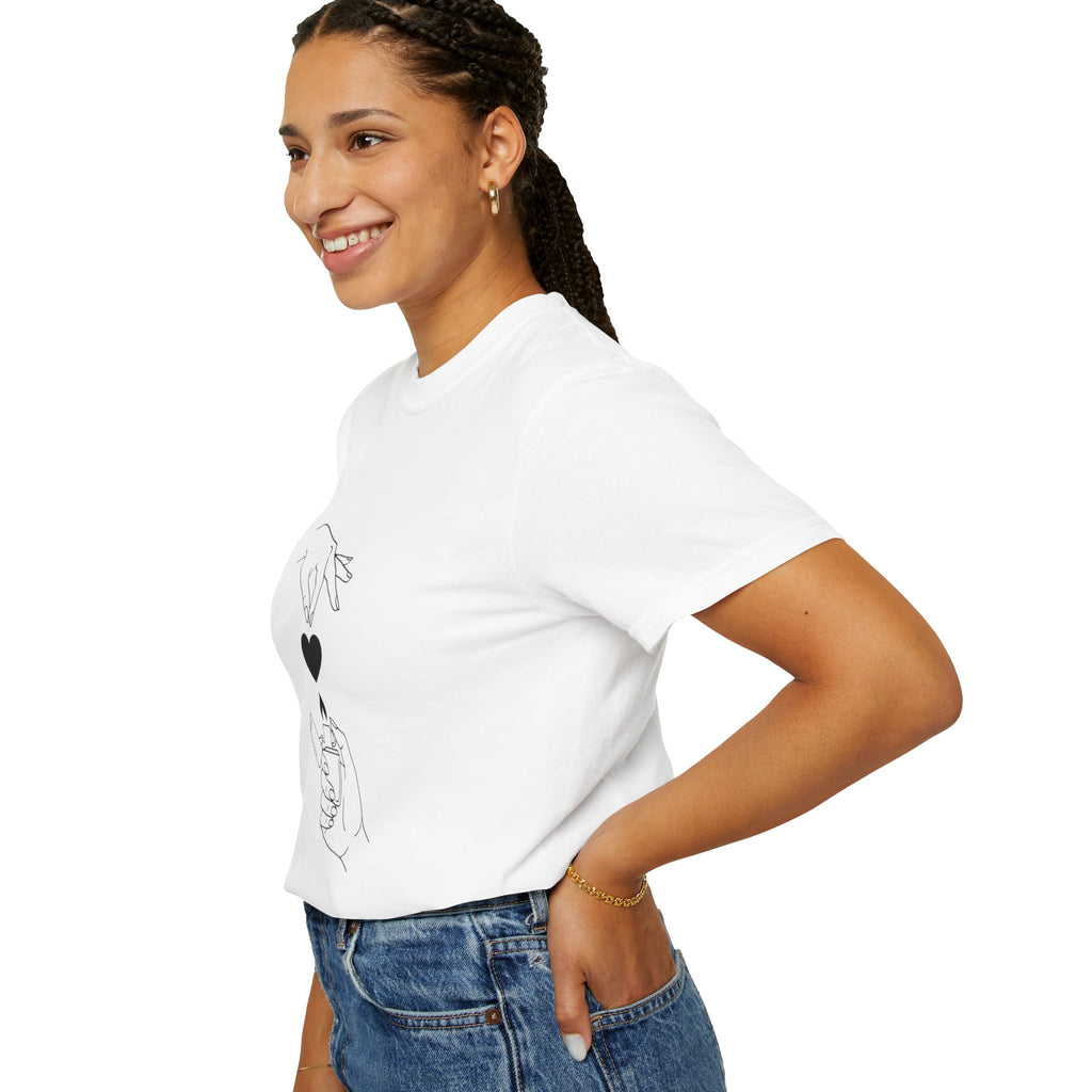 Heart Flame T-Shirt — Minimal Line Art Hands Lighting Heart Graphic