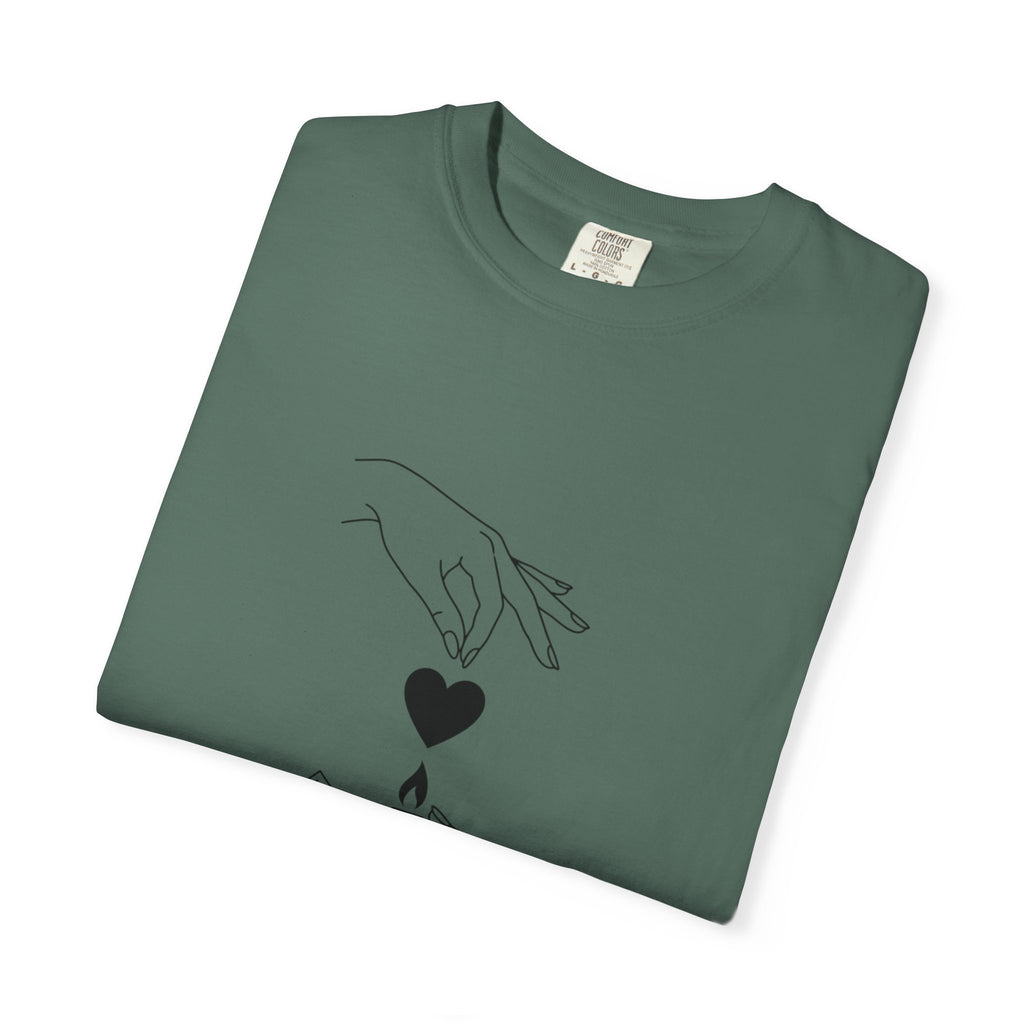 Heart Flame T-Shirt — Minimal Line Art Hands Lighting Heart Graphic