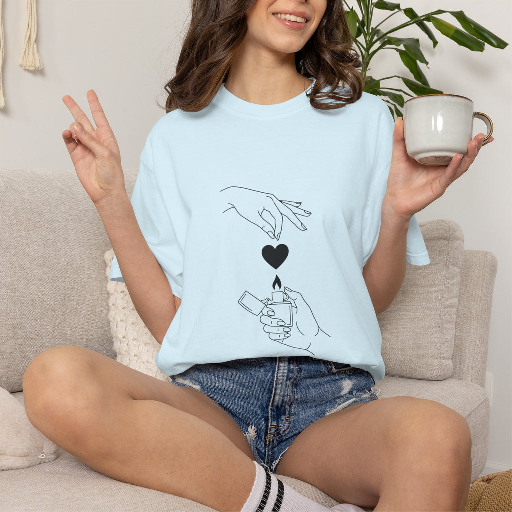 Heart Flame T-Shirt — Minimal Line Art Hands Lighting Heart Graphic