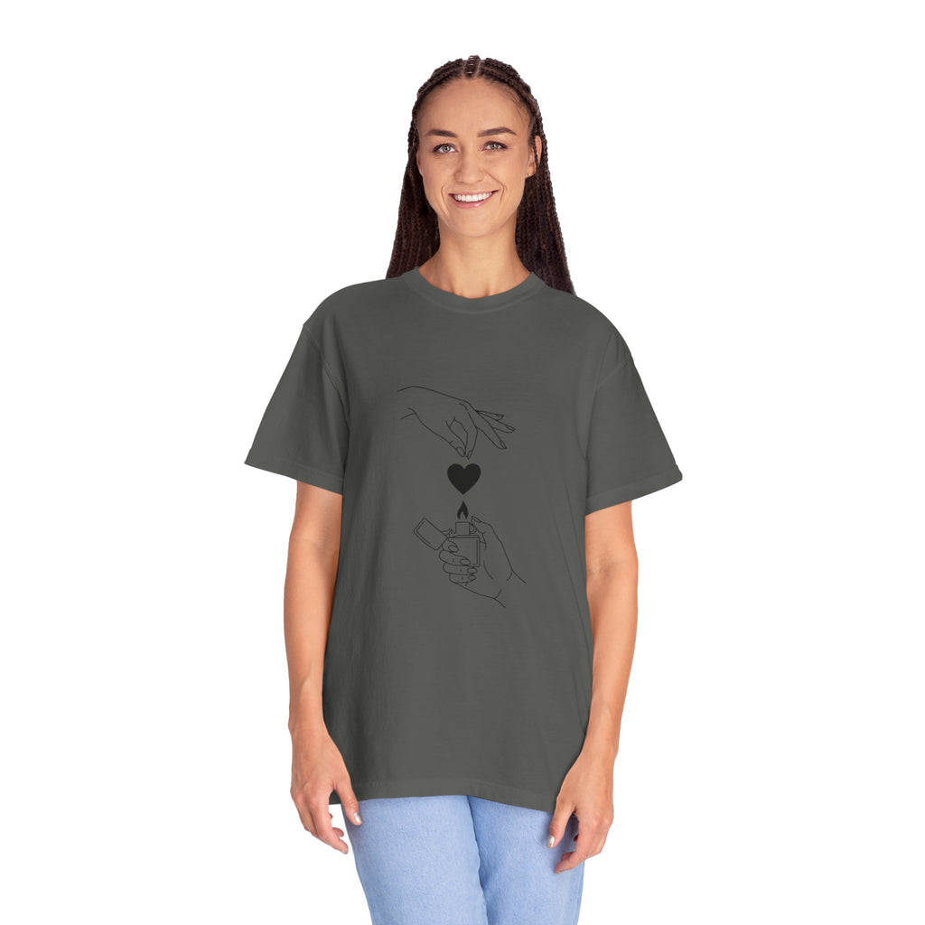 Heart Flame T-Shirt — Minimal Line Art Hands Lighting Heart Graphic