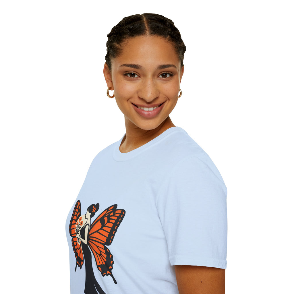 Monarch Butterfly Bride T-Shirt — Floral Bride with Orange Wings