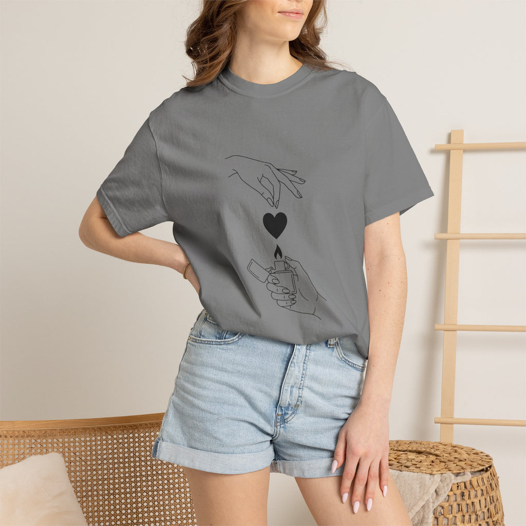 Heart Flame T-Shirt — Minimal Line Art Hands Lighting Heart Graphic
