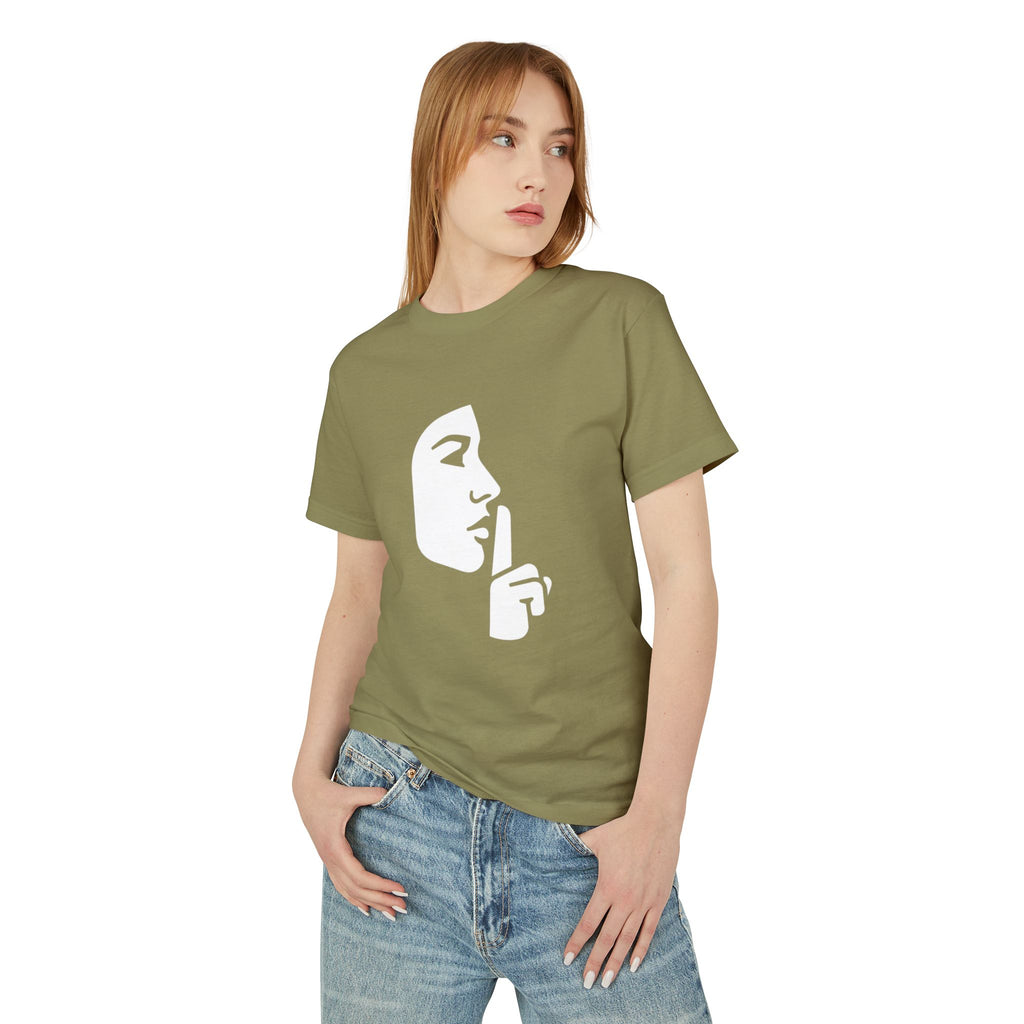 Shh Finger Over Lips Graphic Tee — Silent Face Minimalist T-Shirt