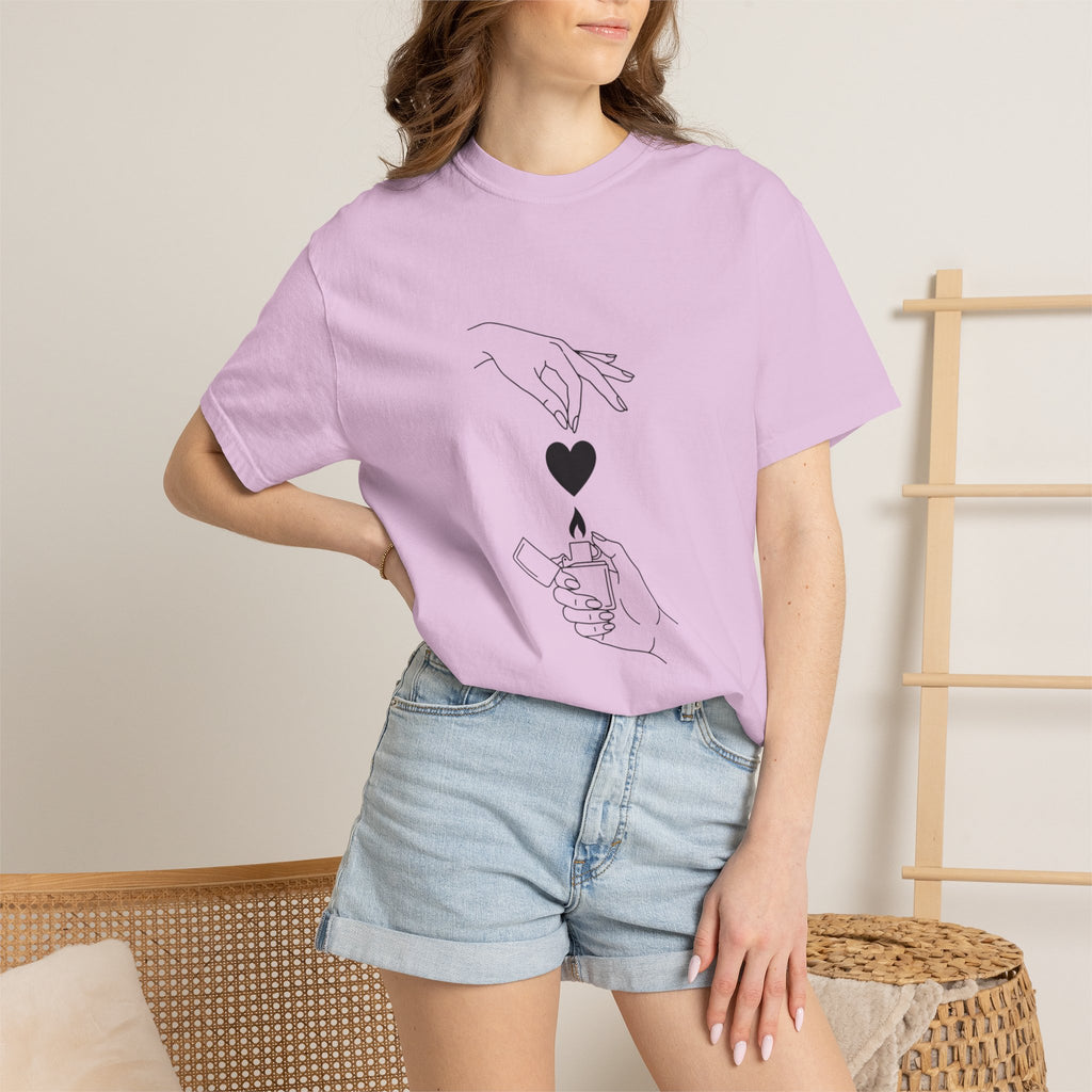 Heart Flame T-Shirt — Minimal Line Art Hands Lighting Heart Graphic