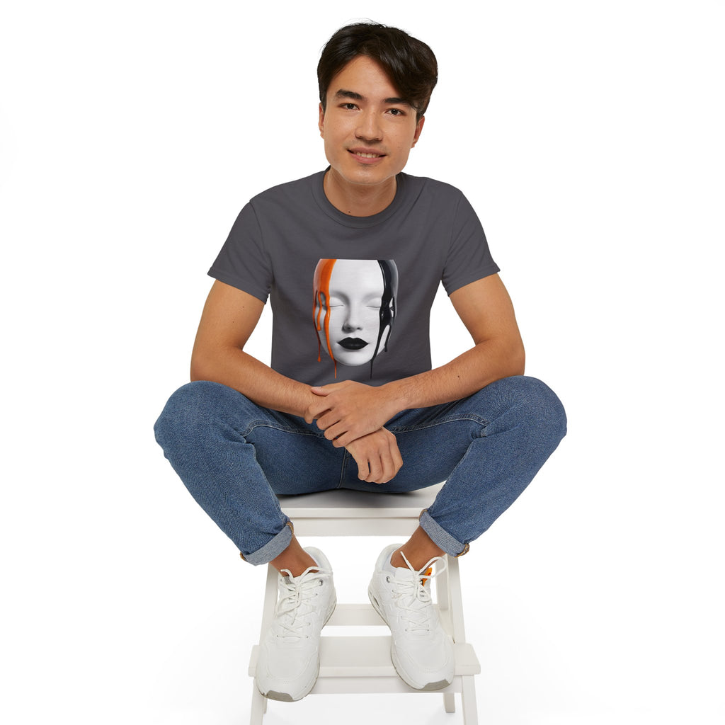 Mask Face Tee — Dripping Black & Orange Art T-Shirt
