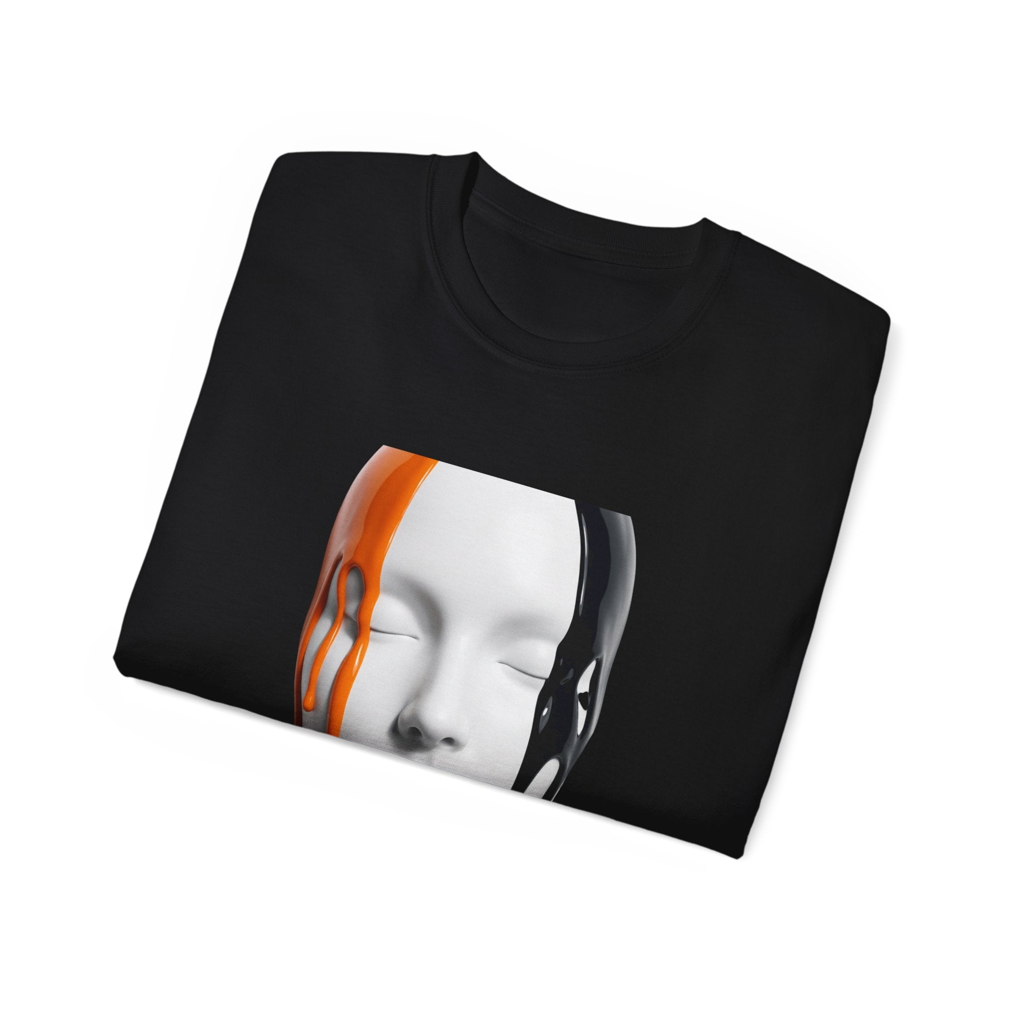 Mask Face Tee — Dripping Black & Orange Art T-Shirt