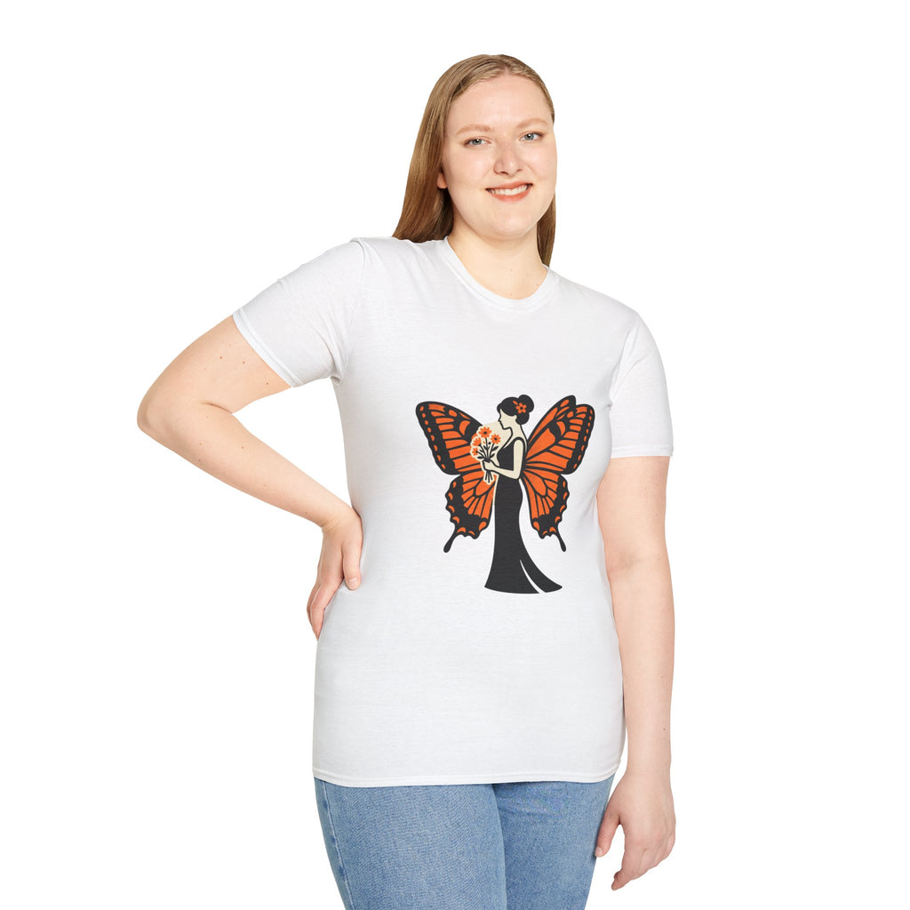 Monarch Butterfly Bride T-Shirt — Floral Bride with Orange Wings