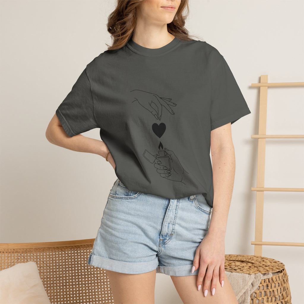 Heart Flame T-Shirt — Minimal Line Art Hands Lighting Heart Graphic
