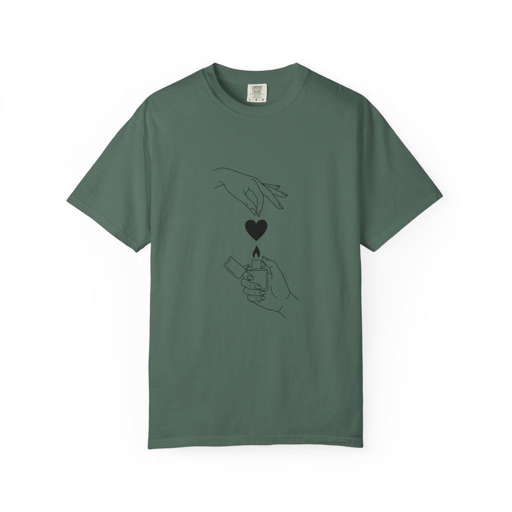 Heart Flame T-Shirt — Minimal Line Art Hands Lighting Heart Graphic