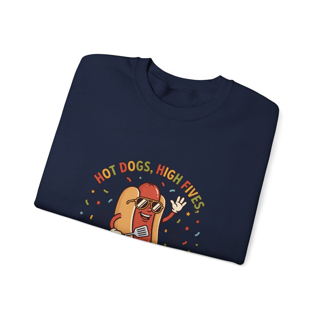 Hot Dog, High Five Crewneck Sweatshirt | BBQ Fourth of July, Retro Patriotic Hot Dog Jokes