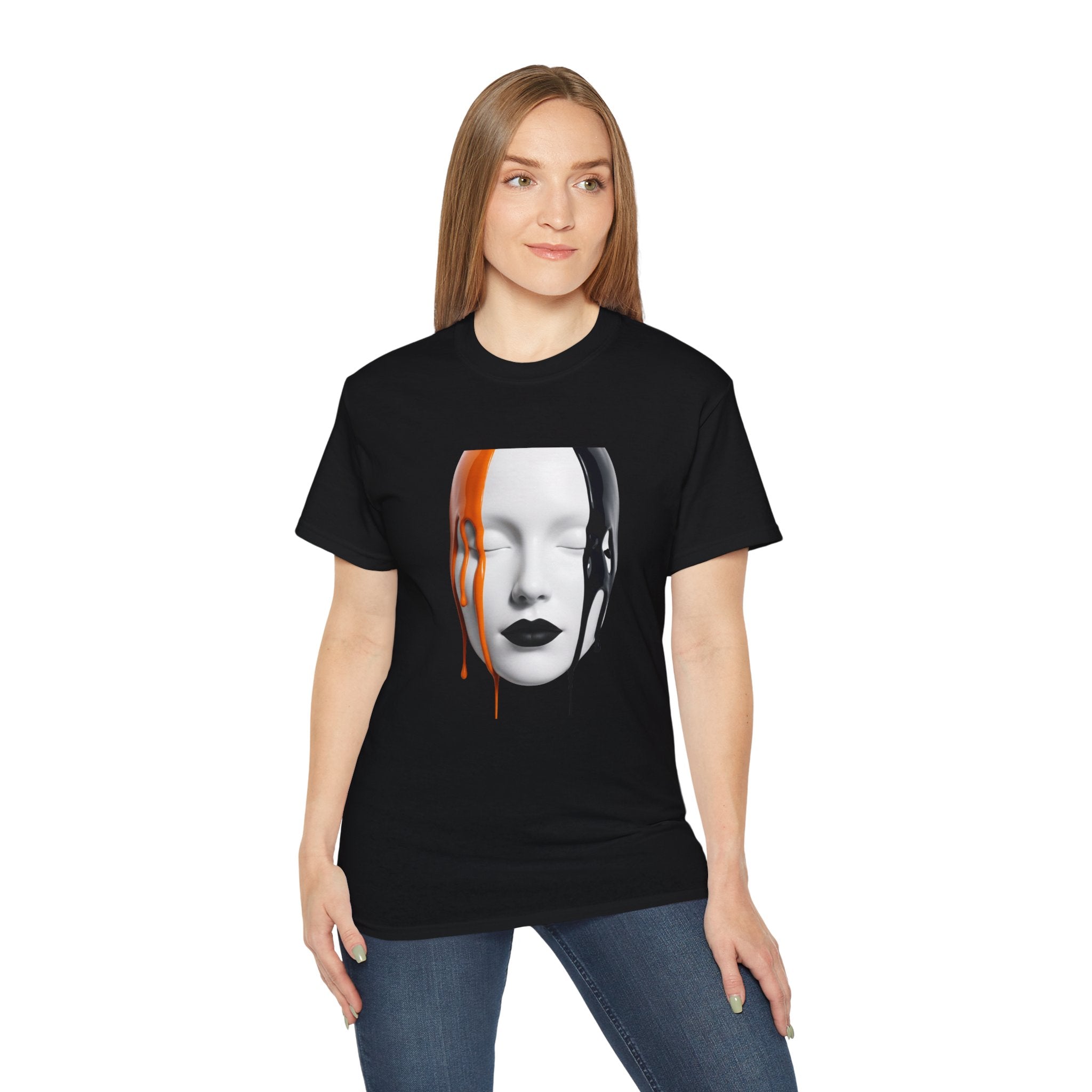 Mask Face Tee — Dripping Black & Orange Art T-Shirt