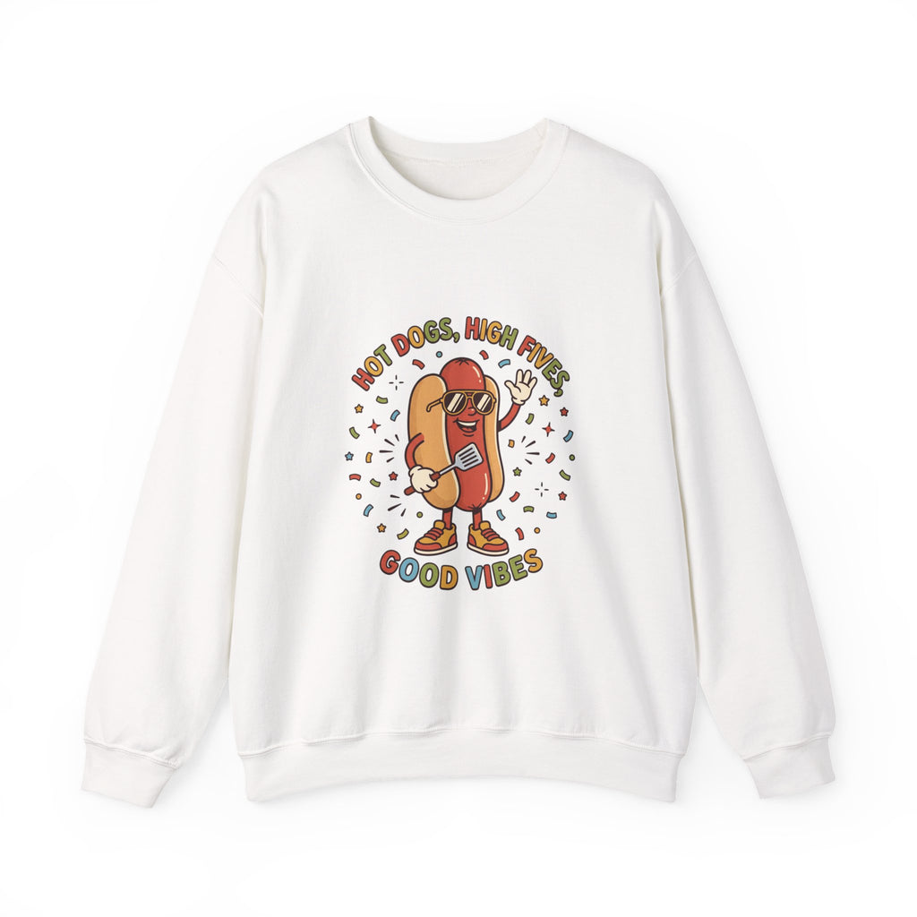 Hot Dog, High Five Crewneck Sweatshirt | BBQ Fourth of July, Retro Patriotic Hot Dog Jokes