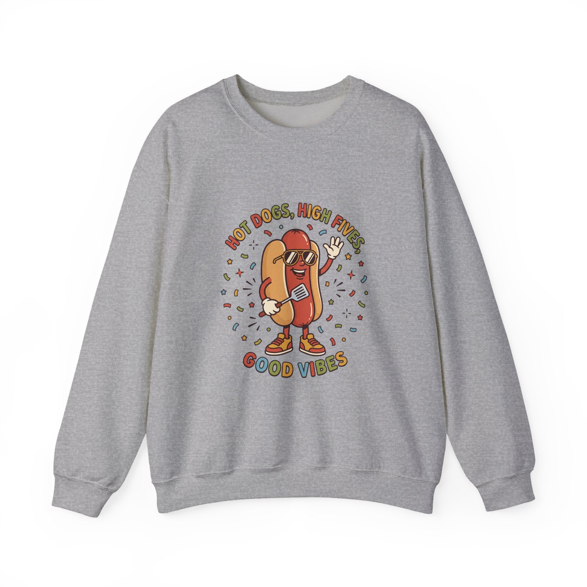 Hot Dog, High Five Crewneck Sweatshirt | BBQ Fourth of July, Retro Patriotic Hot Dog Jokes