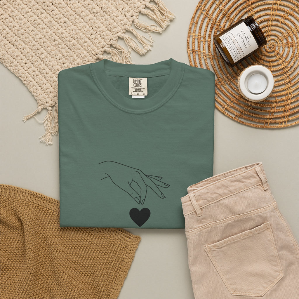 Heart Flame T-Shirt — Minimal Line Art Hands Lighting Heart Graphic