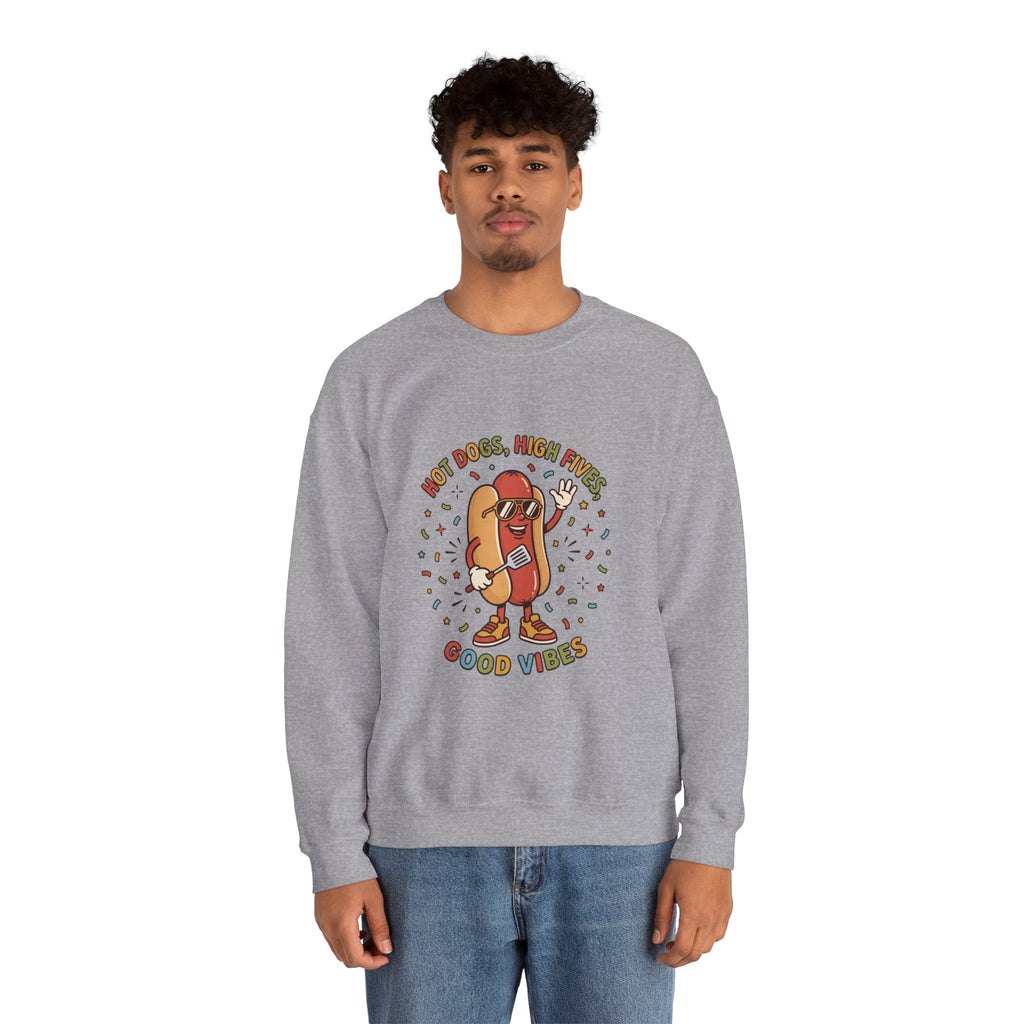 Hot Dog, High Five Crewneck Sweatshirt | BBQ Fourth of July, Retro Patriotic Hot Dog Jokes