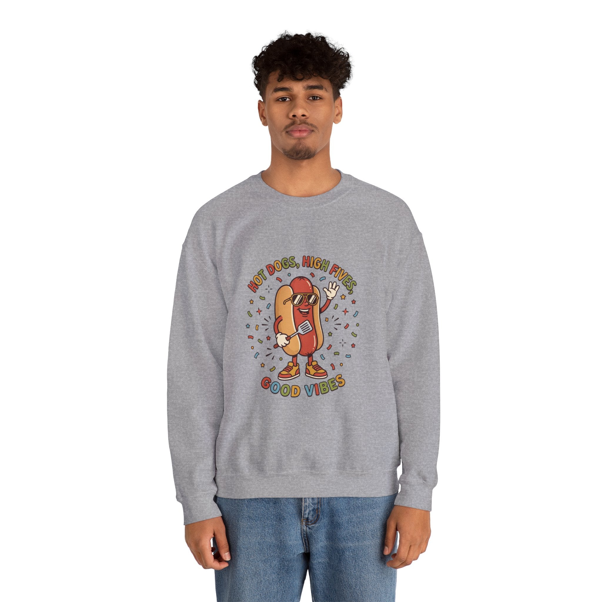Hot Dog, High Five Crewneck Sweatshirt | BBQ Fourth of July, Retro Patriotic Hot Dog Jokes