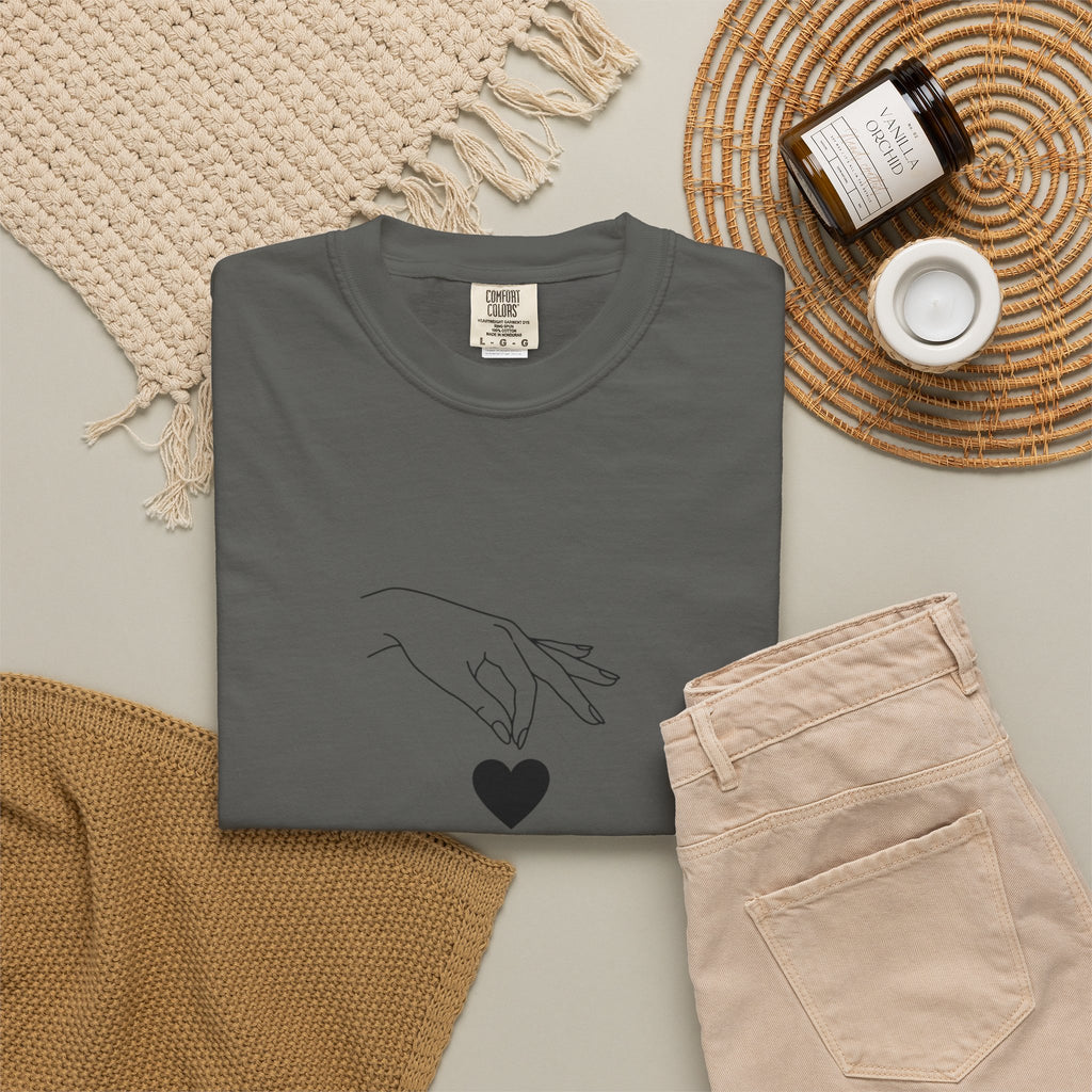 Heart Flame T-Shirt — Minimal Line Art Hands Lighting Heart Graphic