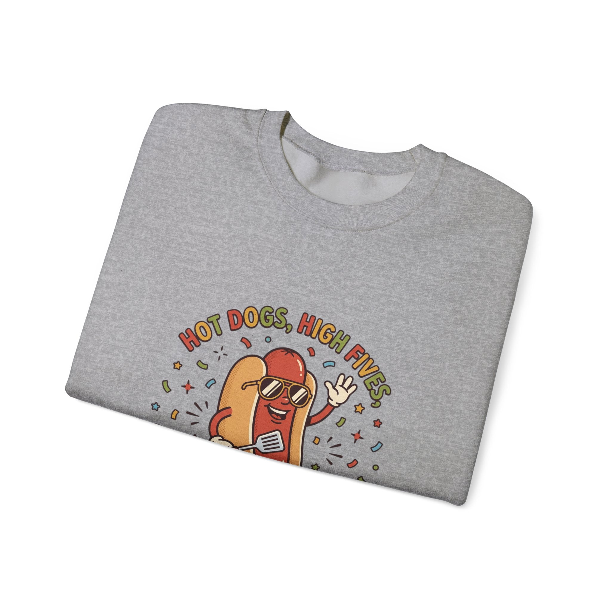 Hot Dog, High Five Crewneck Sweatshirt | BBQ Fourth of July, Retro Patriotic Hot Dog Jokes