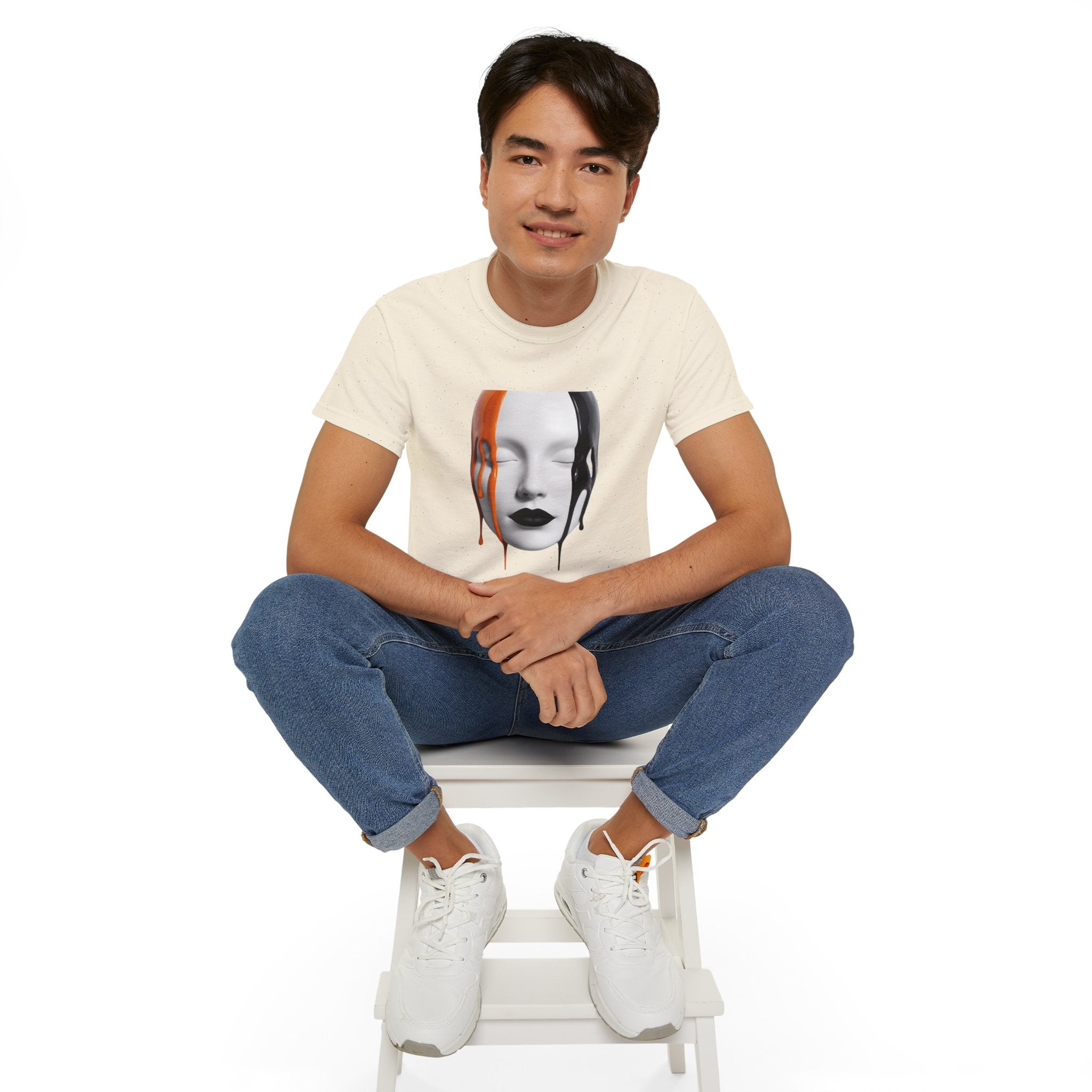 Mask Face Tee — Dripping Black & Orange Art T-Shirt