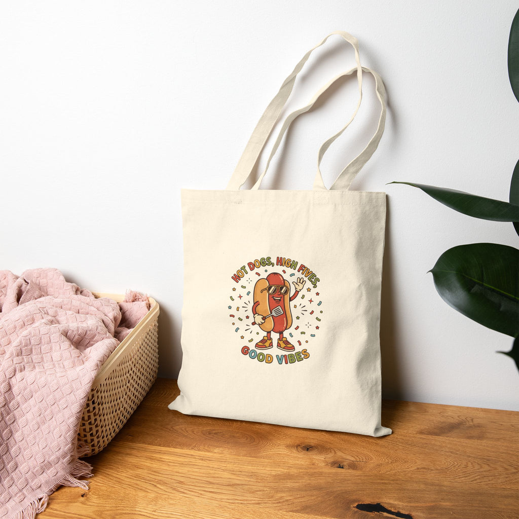 Hot Dog Good Vibes Canvas Tote Bag, Retro BBQ Picnic