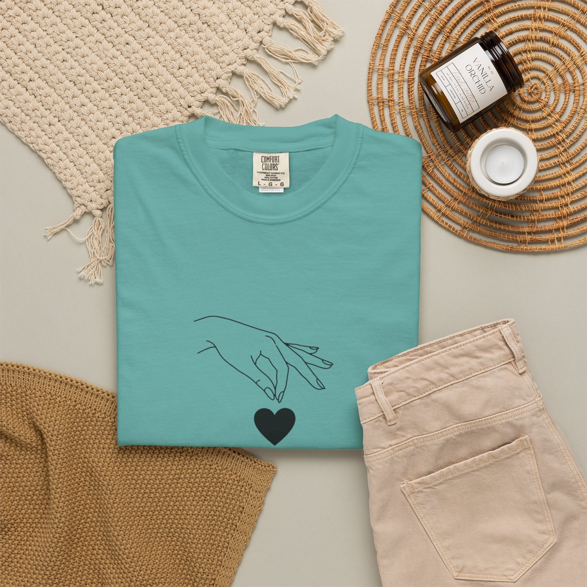 Heart Flame T-Shirt — Minimal Line Art Hands Lighting Heart Graphic