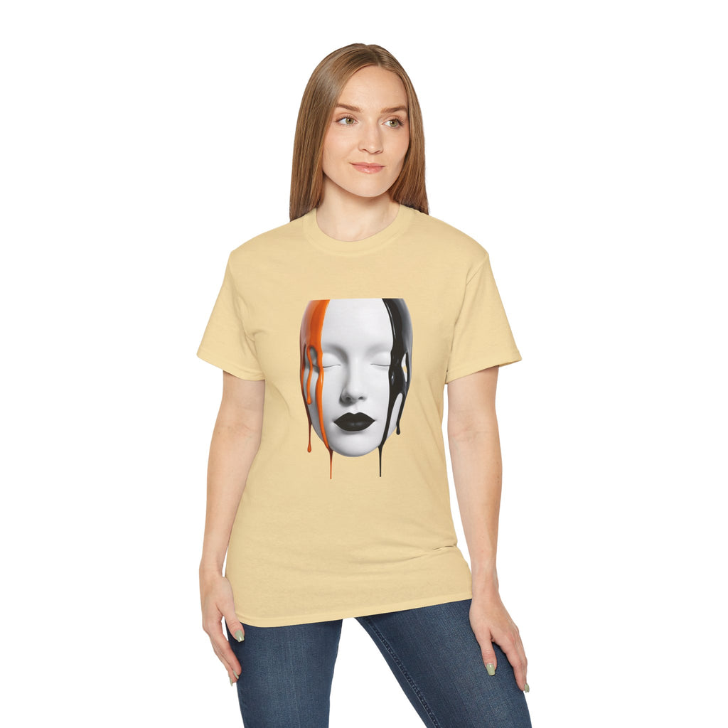 Mask Face Tee — Dripping Black & Orange Art T-Shirt
