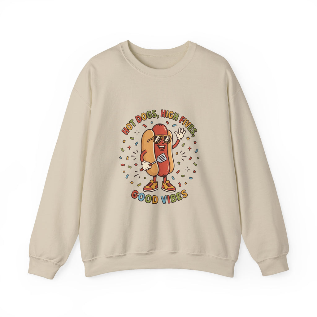 Hot Dog, High Five Crewneck Sweatshirt | BBQ Fourth of July, Retro Patriotic Hot Dog Jokes