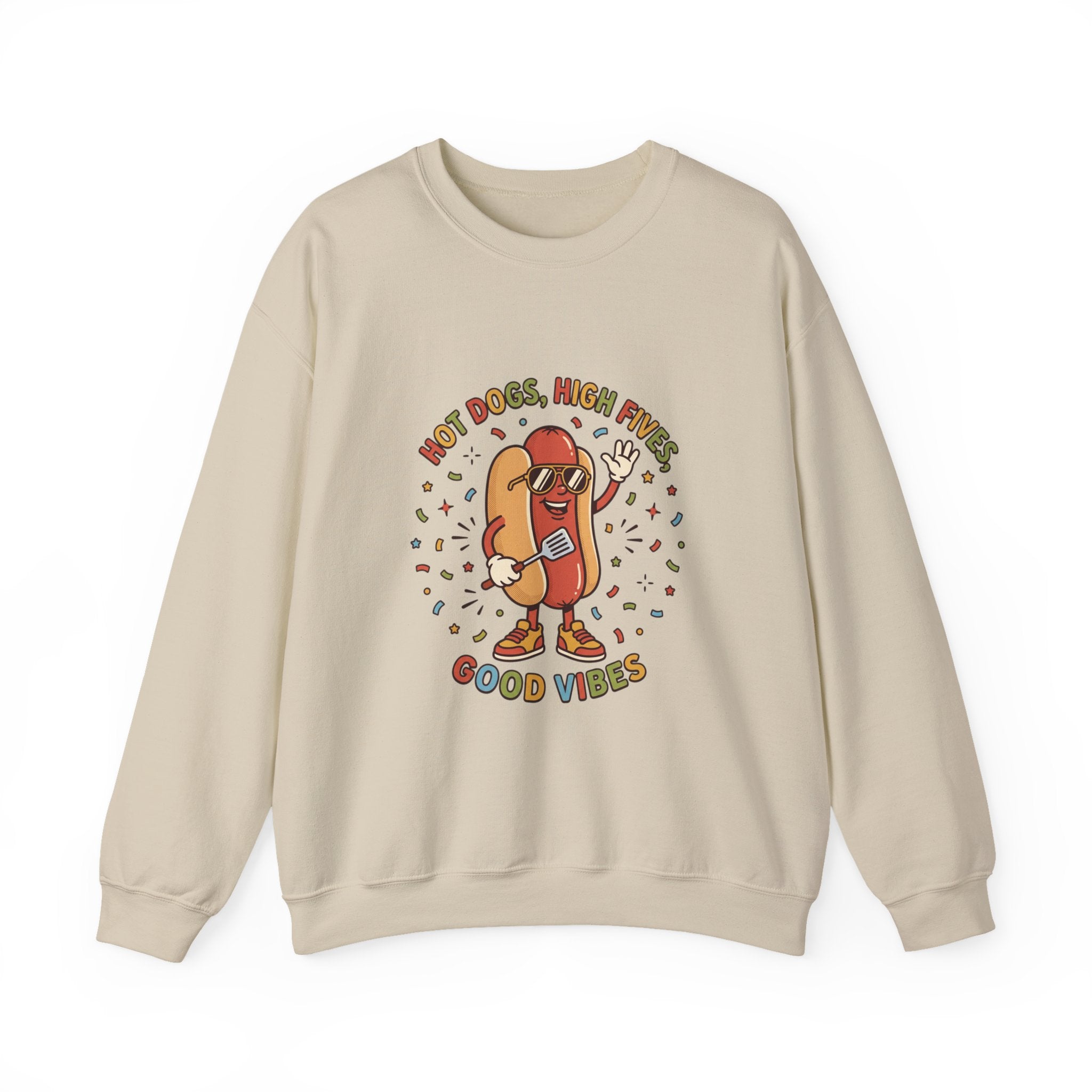 Hot Dog, High Five Crewneck Sweatshirt | BBQ Fourth of July, Retro Patriotic Hot Dog Jokes