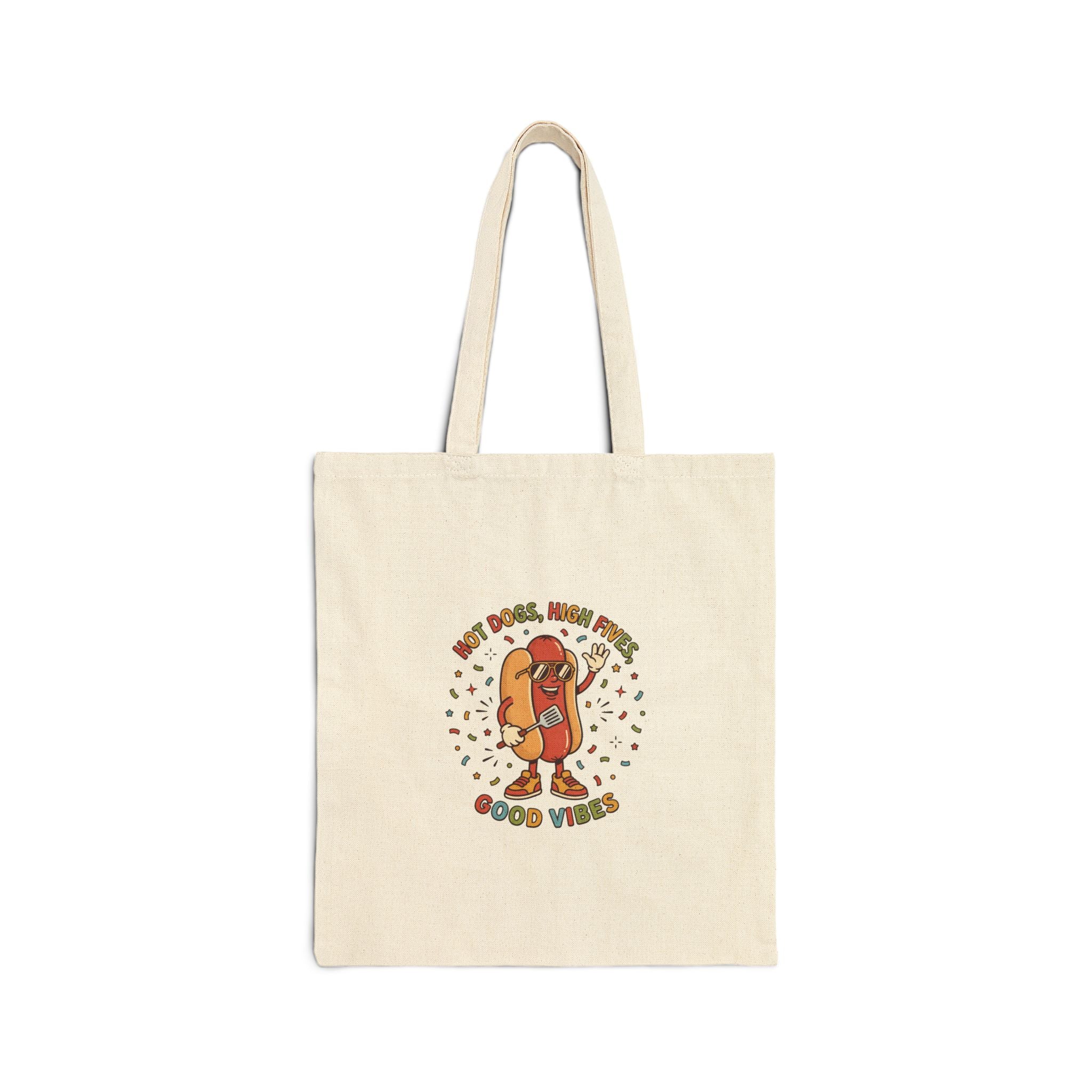 Hot Dog Good Vibes Canvas Tote Bag, Retro BBQ Picnic