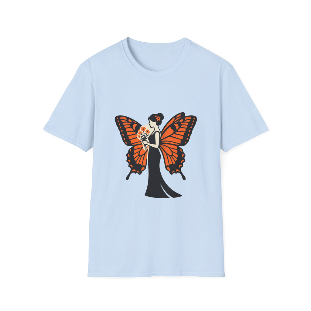 Monarch Butterfly Bride T-Shirt — Floral Bride with Orange Wings